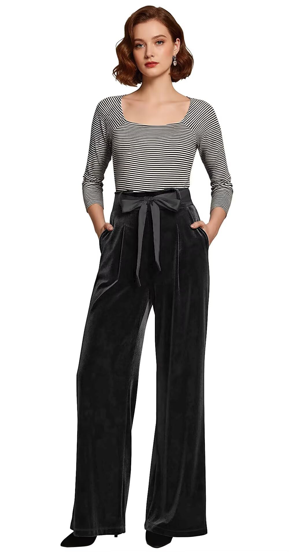 Velvet Palazzo Pants for Women Dressy High Waist Womens Wide Leg Pants with Belt Business Work Casual Trousers