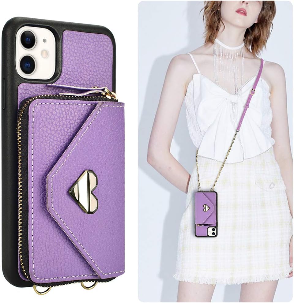 iPhone 12 Pro Wallet Case, JLFCH Crossbody Case for iPhone 12 and iPhone 12 Pro with Zipper Card Holder Wrist Strap Crossbody&Shoulder Purse Style Cover for Women Girl, 6.1 inch - Light Purple