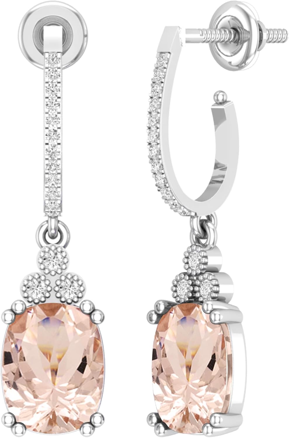 Dazzlingrock Collection 9x7mm Cushion Stone & Round White Diamond J-Shape Dangle Drop Earrings for Women with 18K Solid White Gold