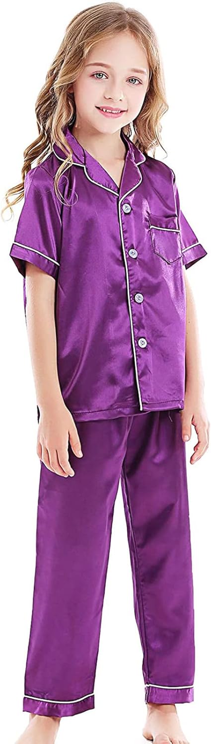Amazon 新 23 リトルベイビーガールズボーイズパジャマセットサテンシルクキッズ半袖パジャマ2ピースボタンダウンクラシックラウンジウェアパンツ 子供パジャマ トップス 女の子 寝巻き Purple 4 5 Years ノーブランド品 スマートウォッチ