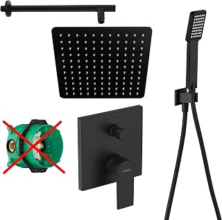 vanvilla Duschsystem mit Unterputz Duscharmatur von Hansgrohe Einhebelmischer und vanvilla Regendusche mit Armatur, Duschkopf eckig, Dusch-SET HGS07-ob schwarz matt beschichtet