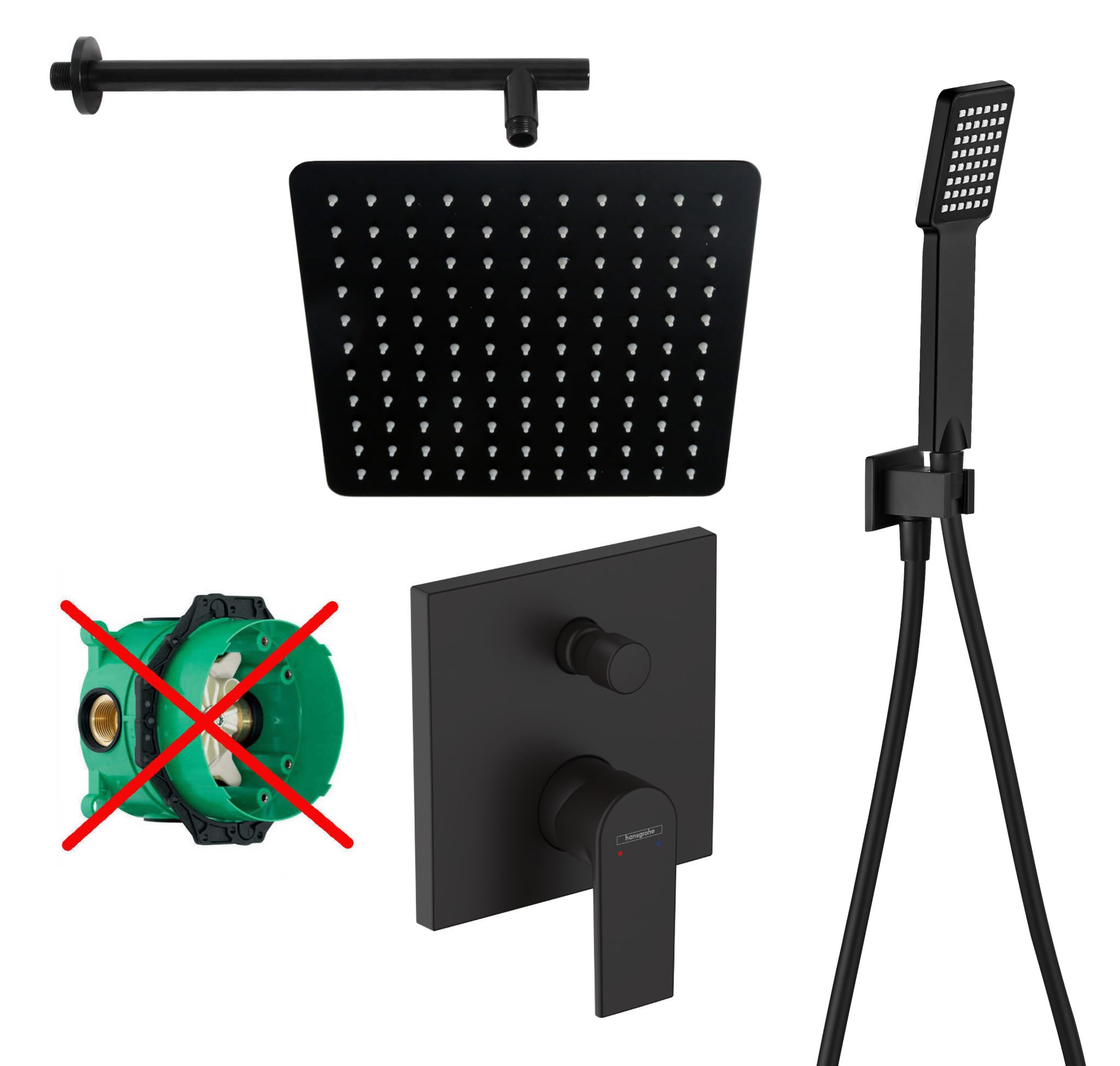 vanvilla Duschsystem mit Unterputz Duscharmatur von Hansgrohe Einhebelmischer und vanvilla Regendusche mit Armatur, Duschkopf eckig, Dusch-SET HGS07-ob schwarz matt beschichtet