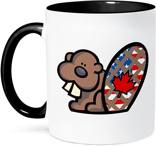 3dRose Lindo vaso de dos tonos, diseño de castor canadiense estadounidense con diseño de nacionalidad, diseño de dibujos animados, 11 onzas,