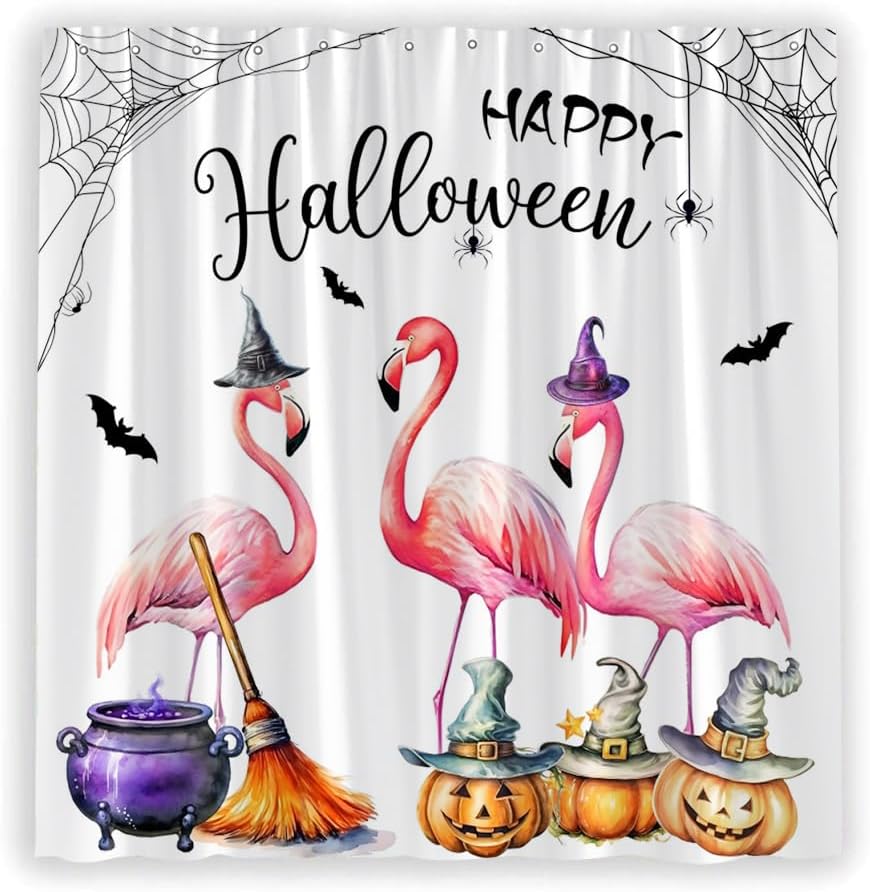 Pink Flamingo Shower Curtain Halloween Spooky Pumpkin with Purple Witch Hat and Black Bat Spider Web Watercolor Tropical Birds on White Farmhouse Fabric Decor Bathroom Curtains with Hooks