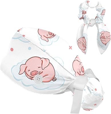 Pink Pig Cloud Stars Bouffant Scrub Hats Women with Buttons Adjustable Nurse Caps for Women with Scrunchie