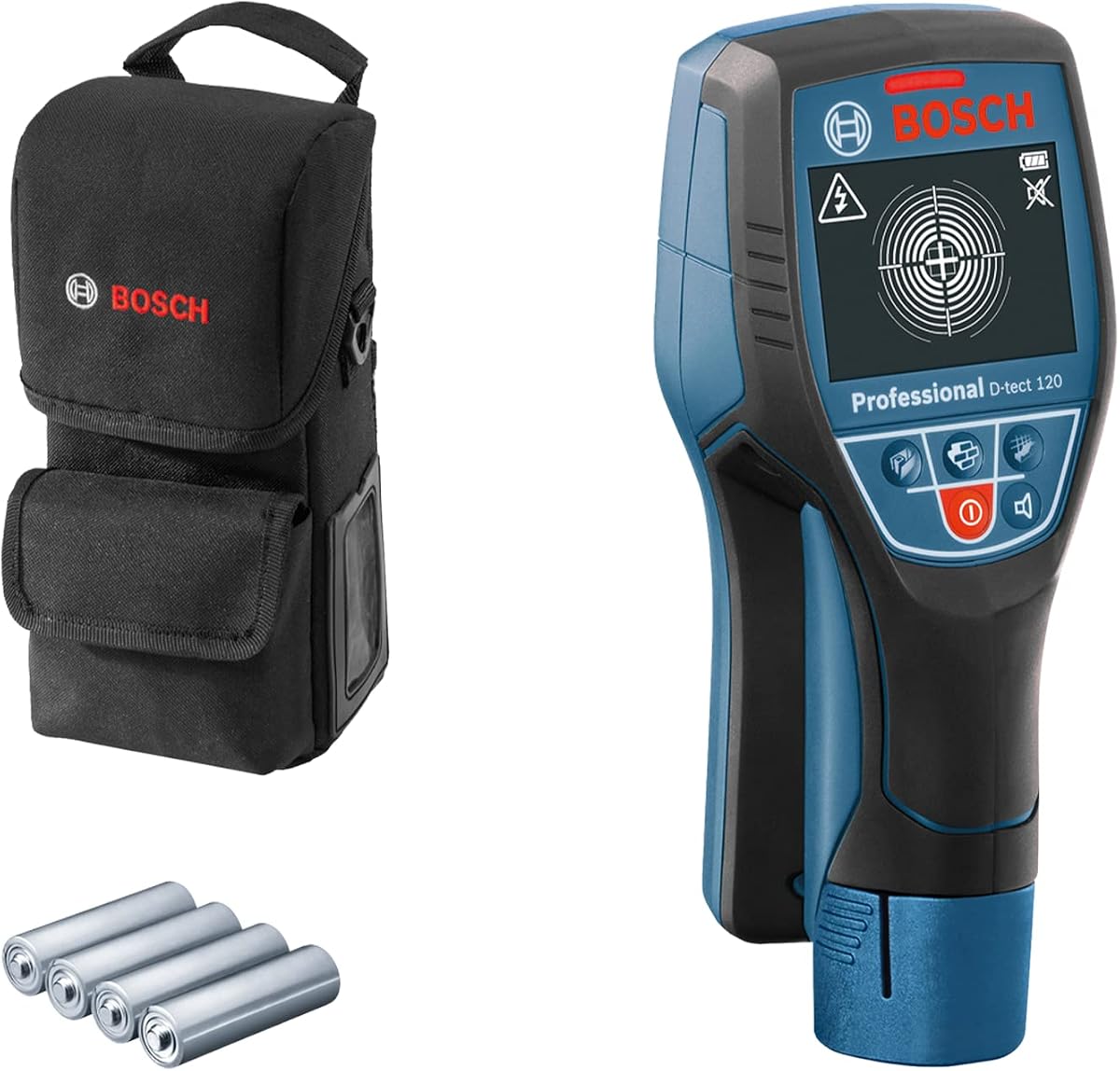 Bosch Professional Escáner de pared D-tect 120 (4 pilas AA, profundidad máx. de detección de tubos de plástico/pernos de madera/cable con tensión/metal magnético/metal no magnético: 60/38/60/120/120 mm, bolsa protectora), azul