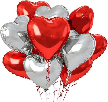 Red And Silver Heart Foil Balloons12 pcs ,18 Inch Silver And Red heart Mylar Shaped foil Love Balloon for Wedding Decoration Party Birthday Valentines Balloon