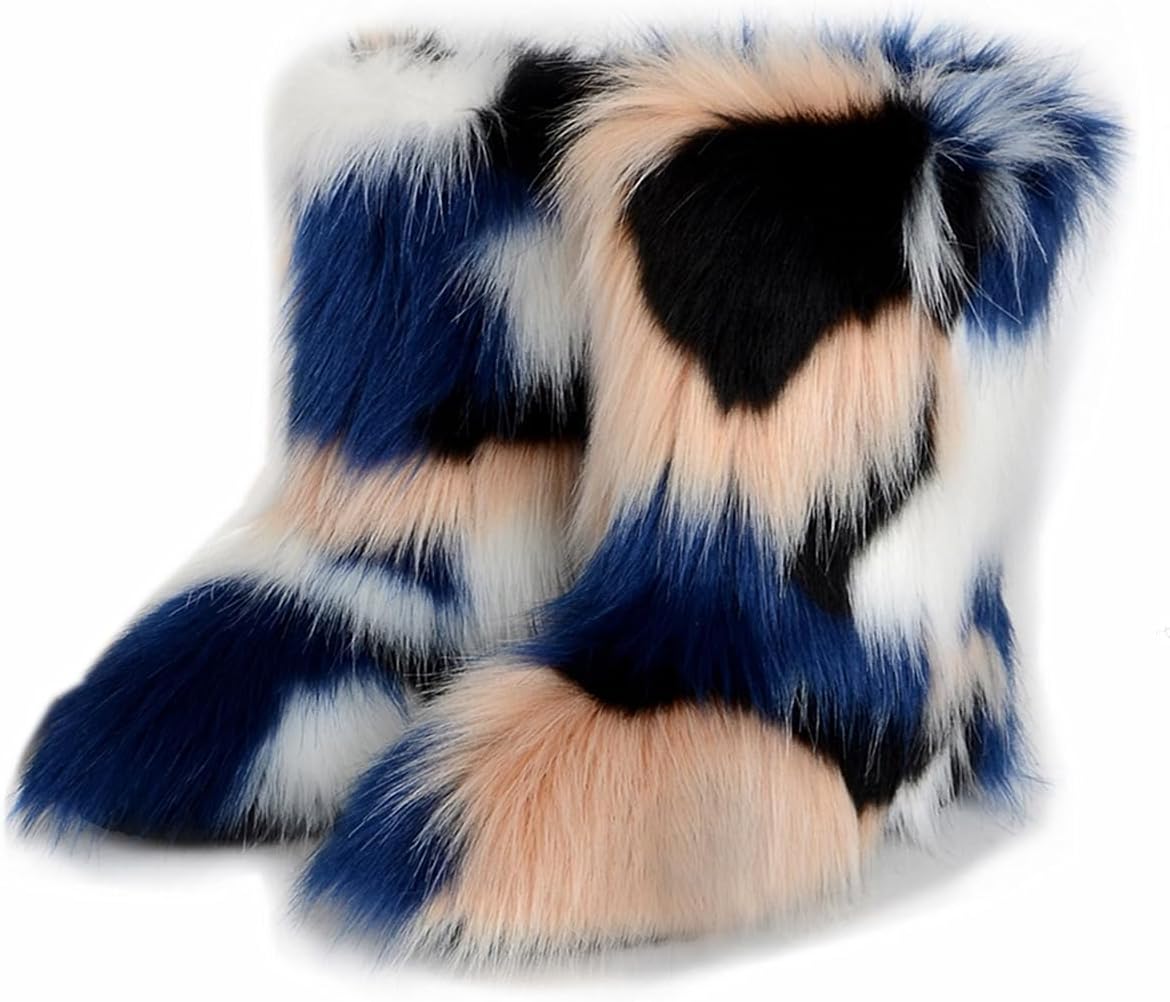 QMFUR Women's Furry Faux Fur Boots Fuzzy Fluffy Mid Calf Snow Boots Suede Warm Fur Lined Booties Flat Fashion Boots