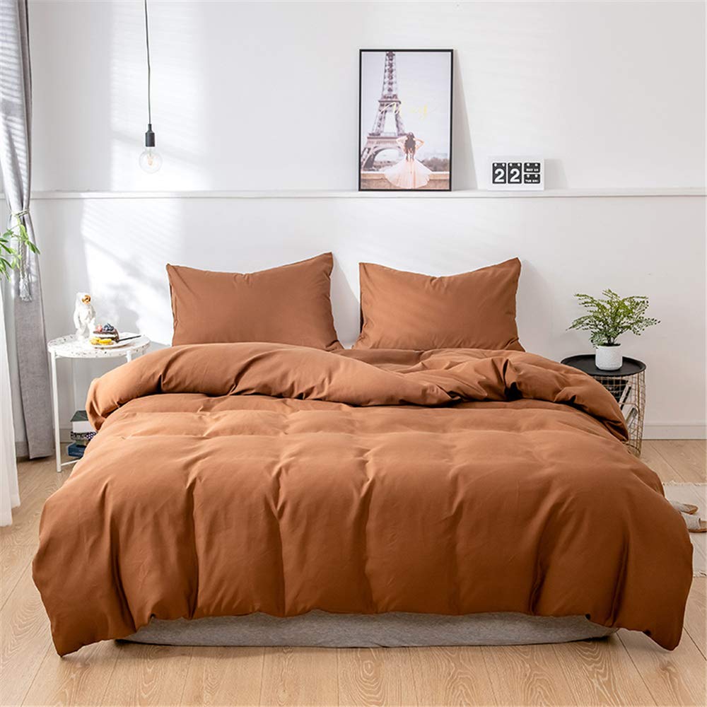Juego de Ropa de Cama Color Sólido, Microfibra Suave Transpirable Estilo Nórdico Minimalista Juego de Fundas Edredón con 1 Funda Nórdica + 1/2 Funda de Almohada (Marrón,220x240cm)