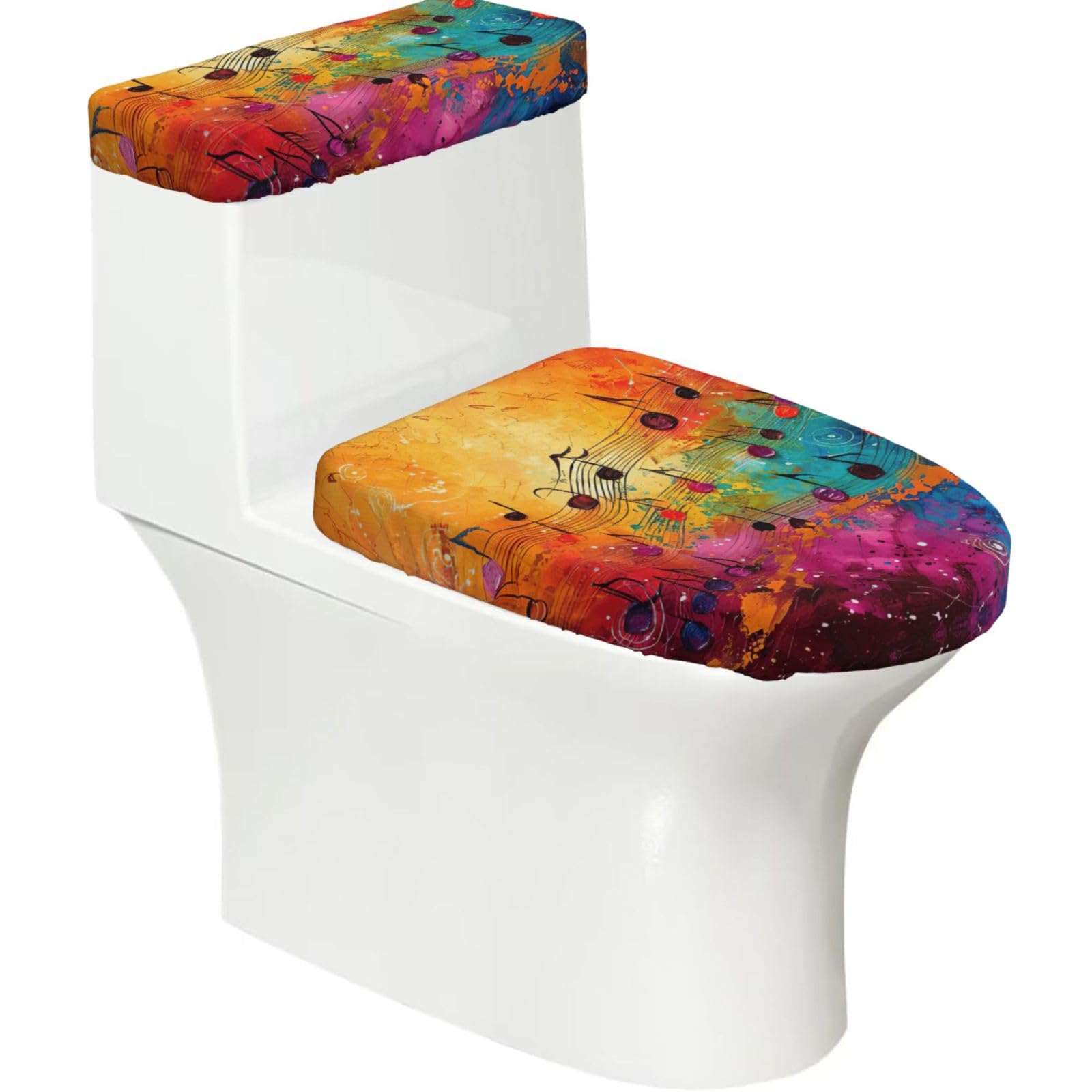 Colorful Music Notes Printed Toilet Tank and Lid Cover Set of 2 for Most Bathrooms, Fits Elongated Round Toilets