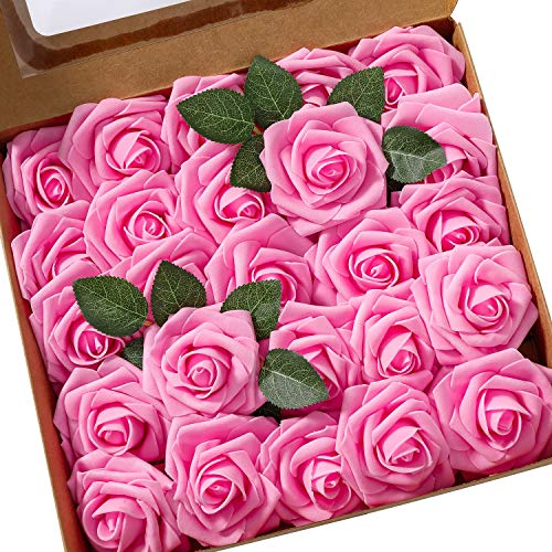 Ksnnrsng Rosa Rosse Artificiali, Fiori Artificiali Schiuma Teste di Rose Finti per DIY Matrimoni Mazzi Nuziale Festa Casa Decorazioni (25 Pezzi, Buio Rosa)