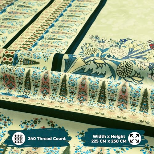 Image of Story@Home Rajasthani Theme Jaipuri Handblock Inspired Ethnic Print Double Bedsheet 250x225 cm with Pillow Covers | Cotton Feel 240 TC Soft Fabric | Yellow Green Design