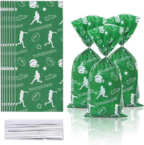 ALIBBON 100 bolsas de celofán de fútbol, bolsas de dulces de fútbol, bolsas de galletas, bolsas sellables con calor de fútbol con 100 lazos
