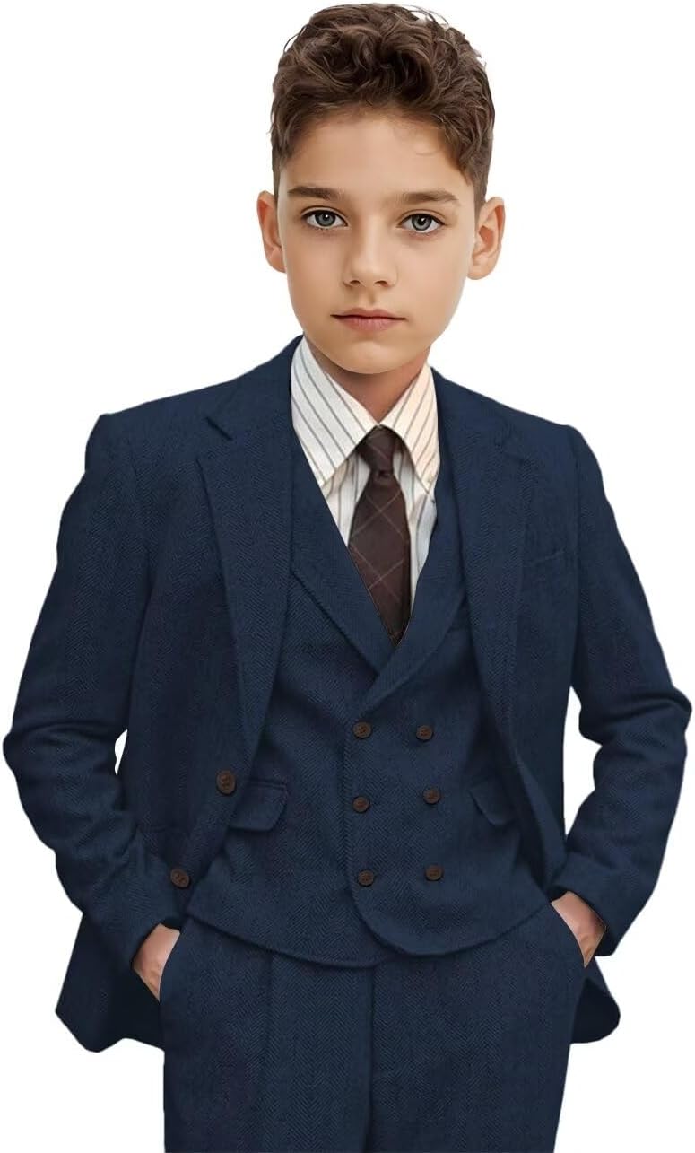 Boys Suit 3 Piece Herringbone Tweed Suits for Kids Slim Fit Formal Wedding Party Tuxedo Jacket Vest Pants Set