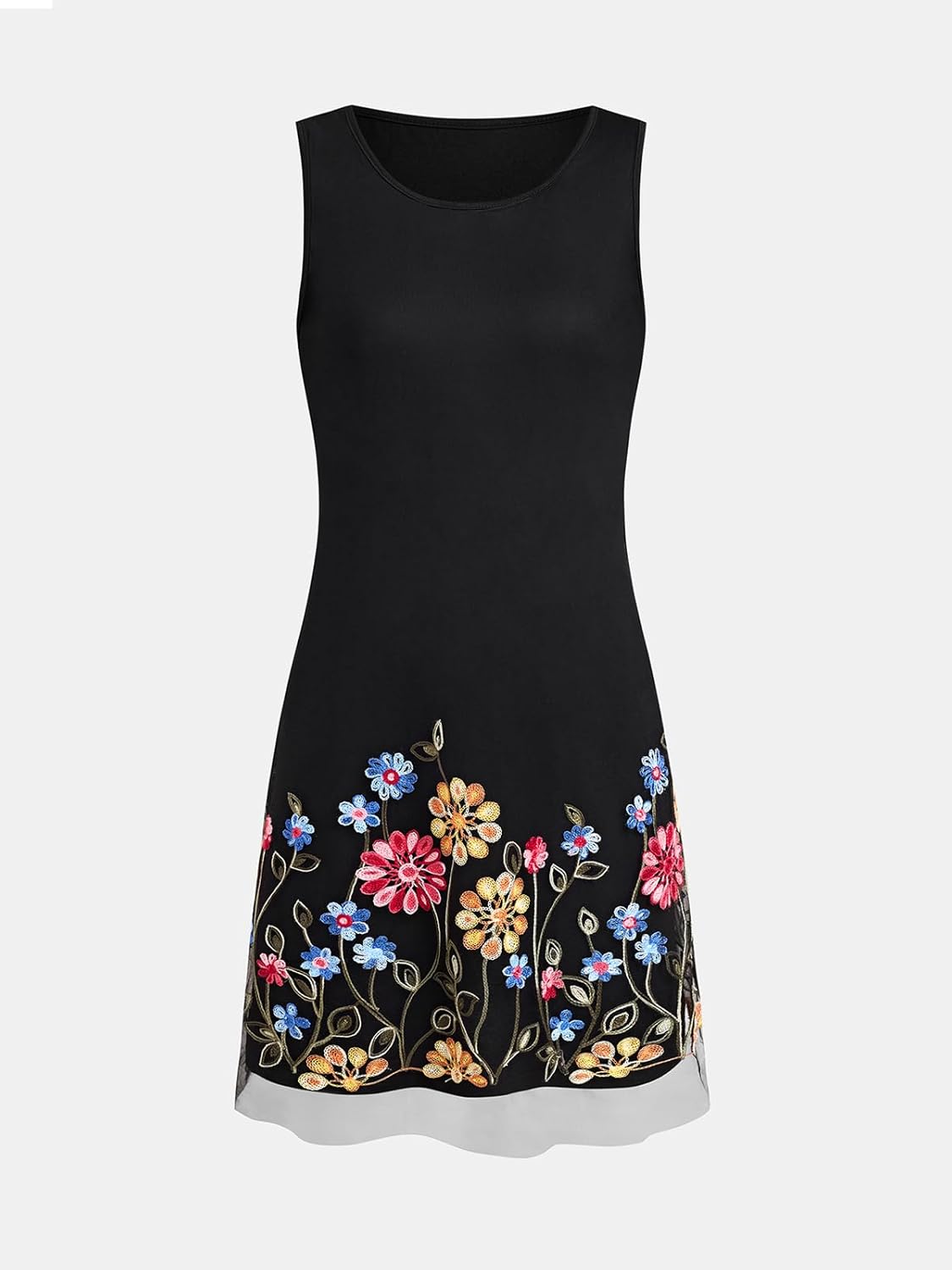 CUPSHE Women Floral Embroidered Summer Dress Knit Round Neck Sleeveless Lace Hem Casual Spring Black Mini Dresses - Image 2