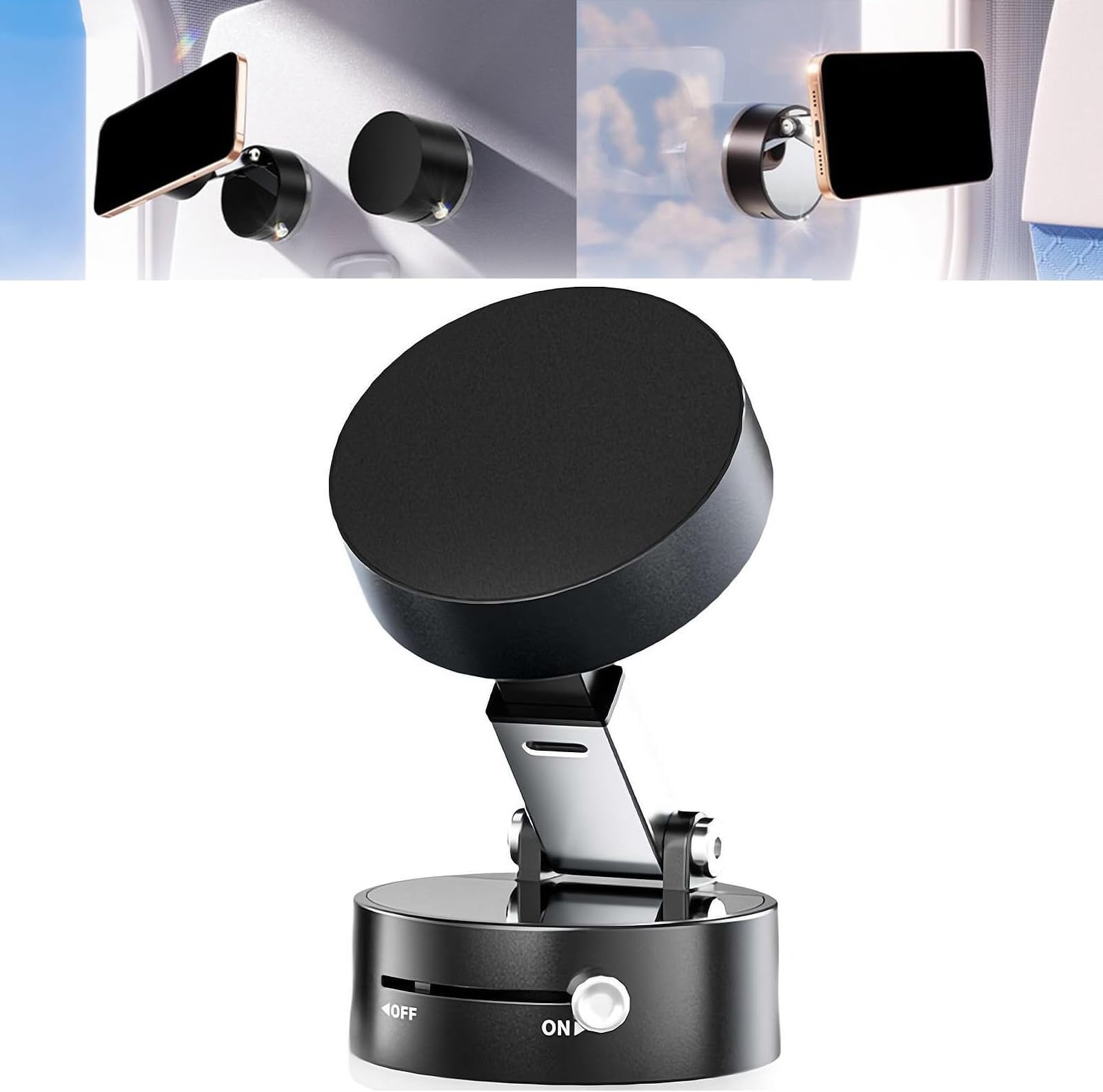 Vacuum Suction Magnetic Car Phone Holder, Azonee 360° Rotatable & Folding Phone Mount with Strong Grip, Hands-Free Use in Car, Gym, Home, for Magsafe Phones & Android (Black, Includes 2 Magnet Rings)