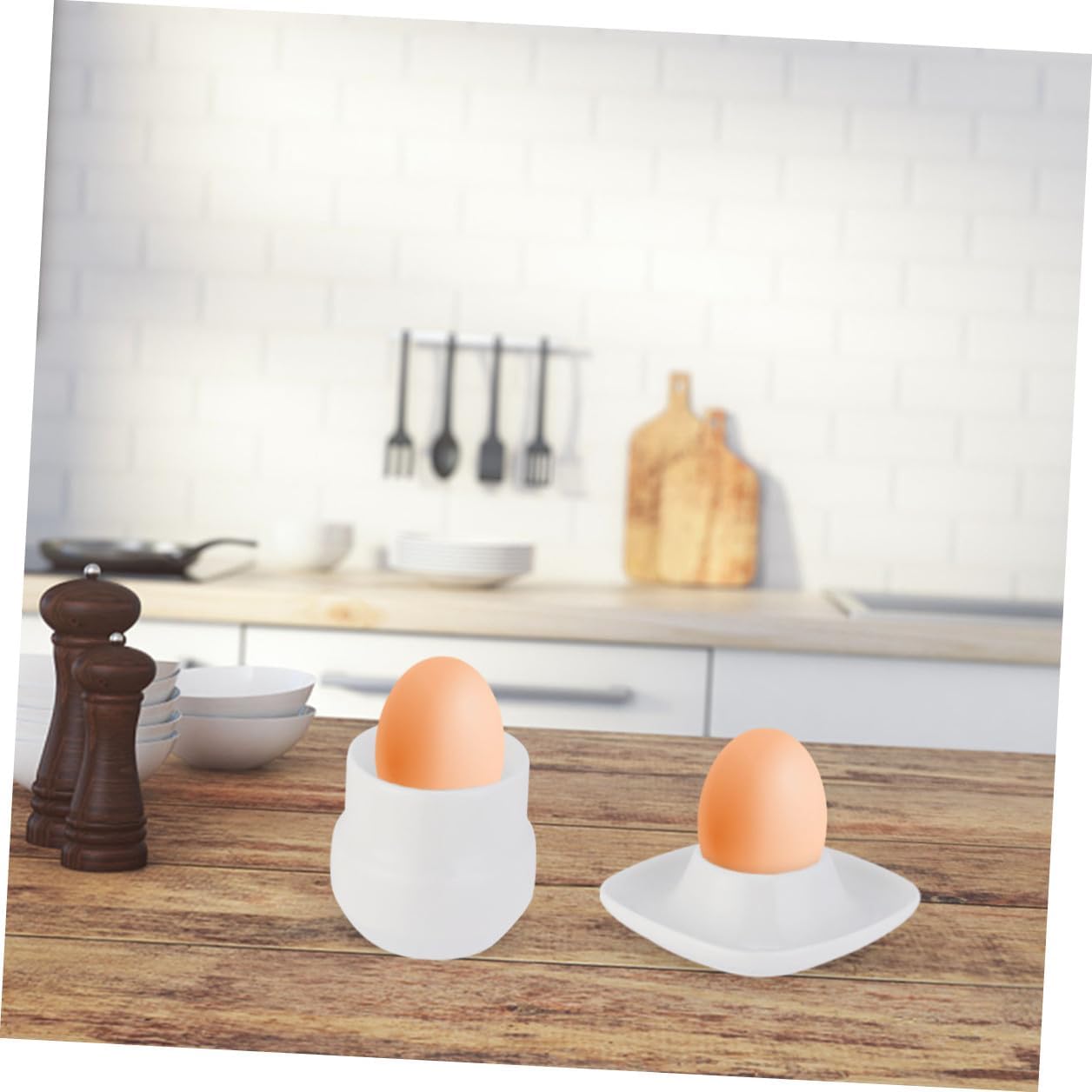 KICHOUSE 2pcs Ceramic Egg Cup and Quadrate Egg Tray Set White Breakfast Holder for Soft Boiled Kitchen Dining Serveware