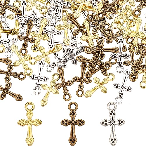 SUNNYCLUE 1 Box 120Pcs 3 Styles Alloy Cross Charms Bulk Gold Cross Charm Silver Tibetan Rosaries Holiday Small Center Crosses Dangle Charm for jewellery Making Charms DIY Necklace Earring Adults Craft