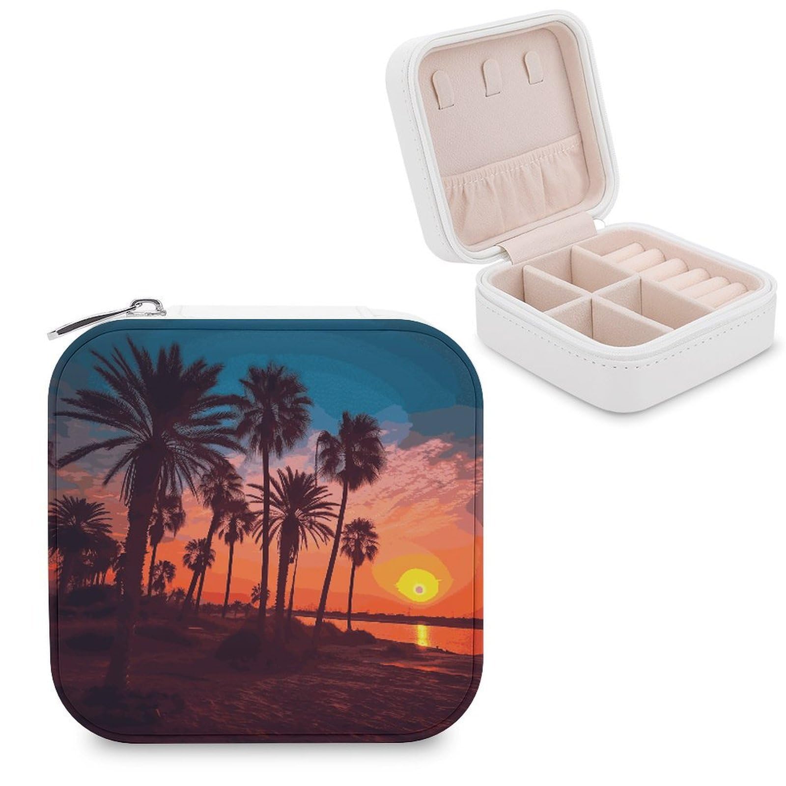 MUSM Palm Tree Sunset Travel Jewelry Case Personalized PU Leather Jewelry Boxes for Women Small Portable Jewelry Organizer Box Cute Trinket Box for Necklaces Rings Earrings & Gifts