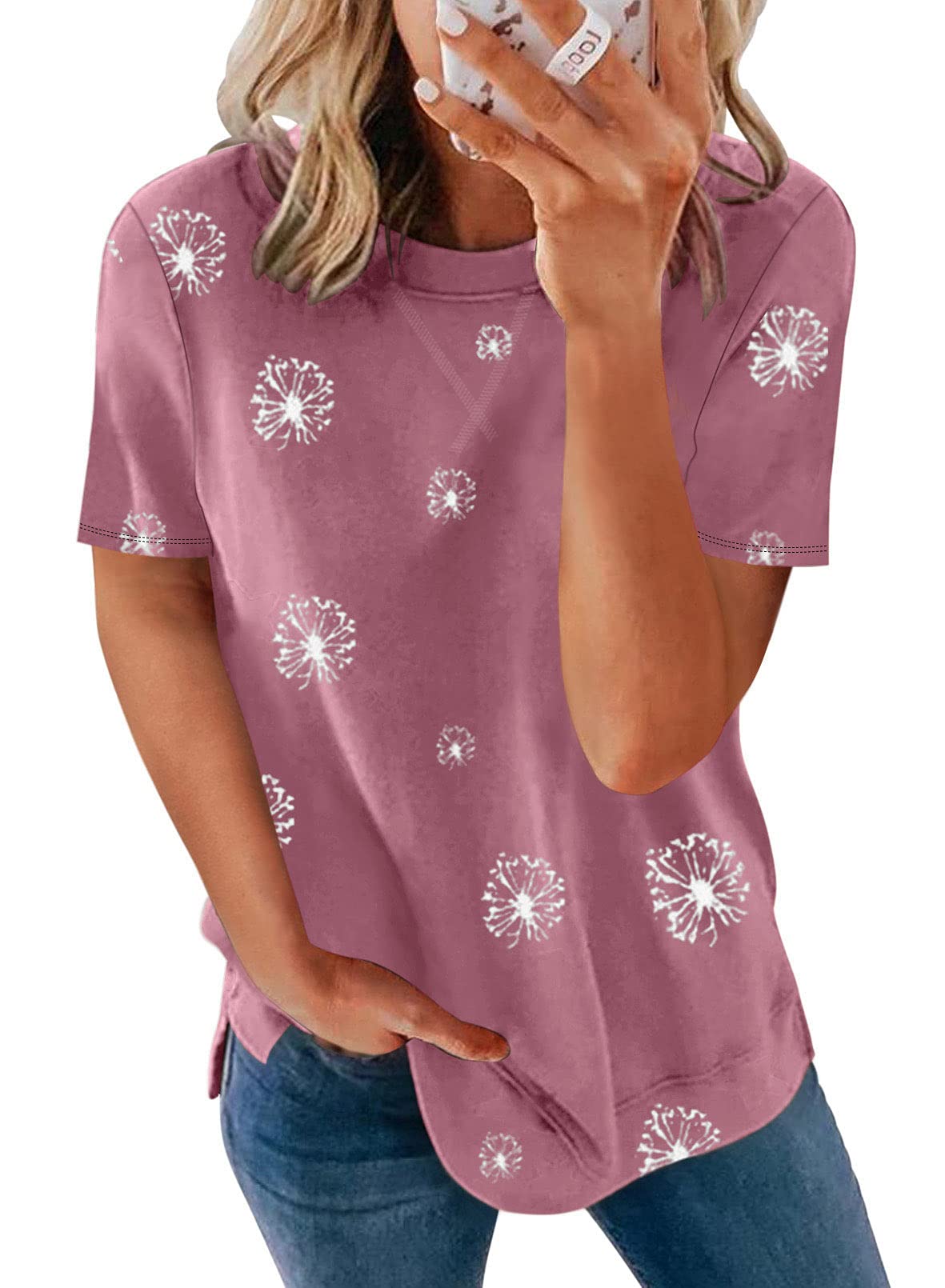 BiuclyWomens Short Sleeve Crewneck Shirts Loose Casual Tee T-Shirt