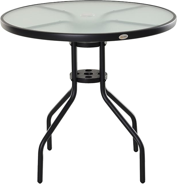 Outsunny Bistro Table Outdoor Round Dining Coffee Table Tempered Glass Top Side Table Patio Garden - 80cm Diameter