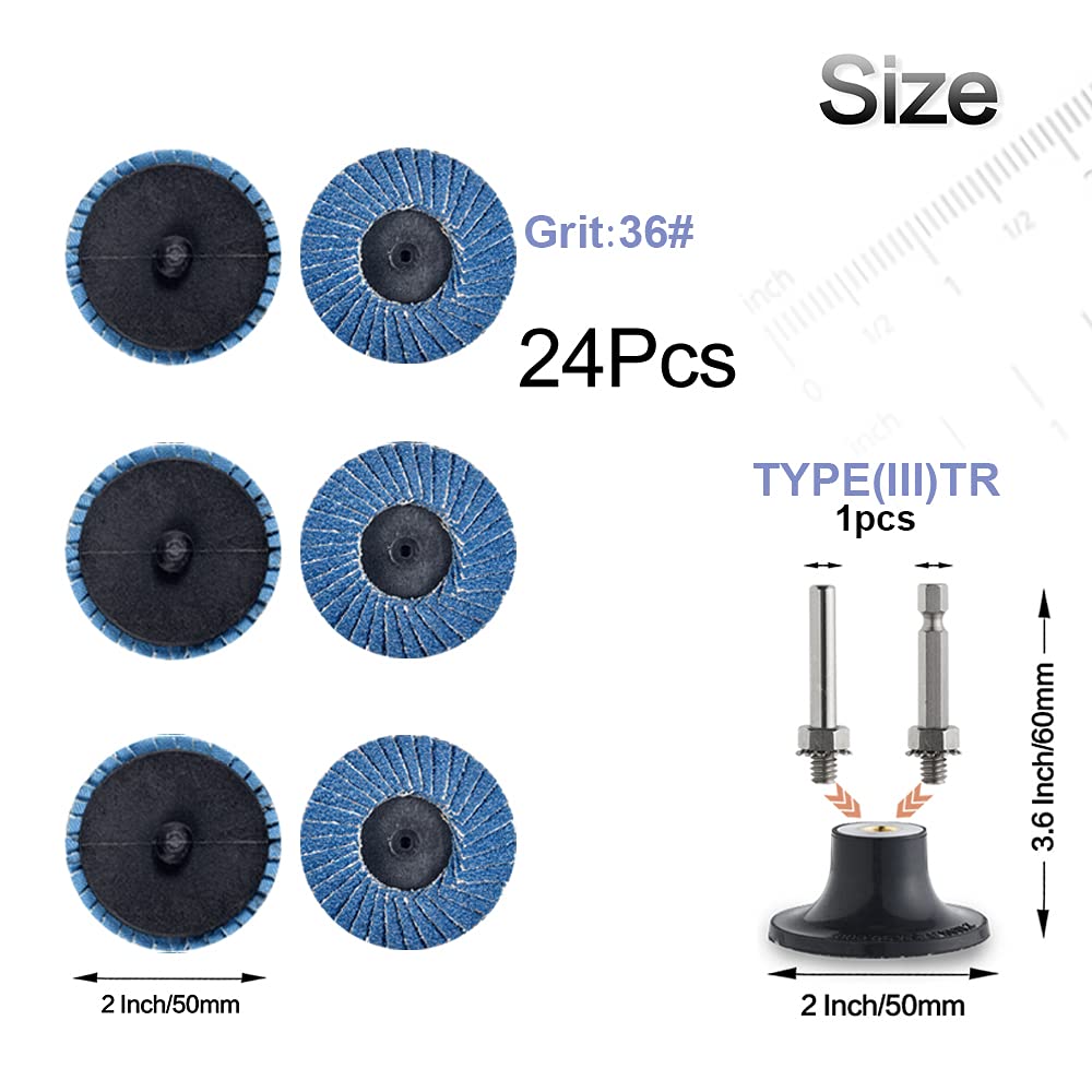 Tshya Lot de 24 disques à lamelles de 5,1 cm avec support de 6,35 mm, accessoires de meuleuse T27 en oxyde de zirconium plat grain 36 pour préparation de surface (grain 36)