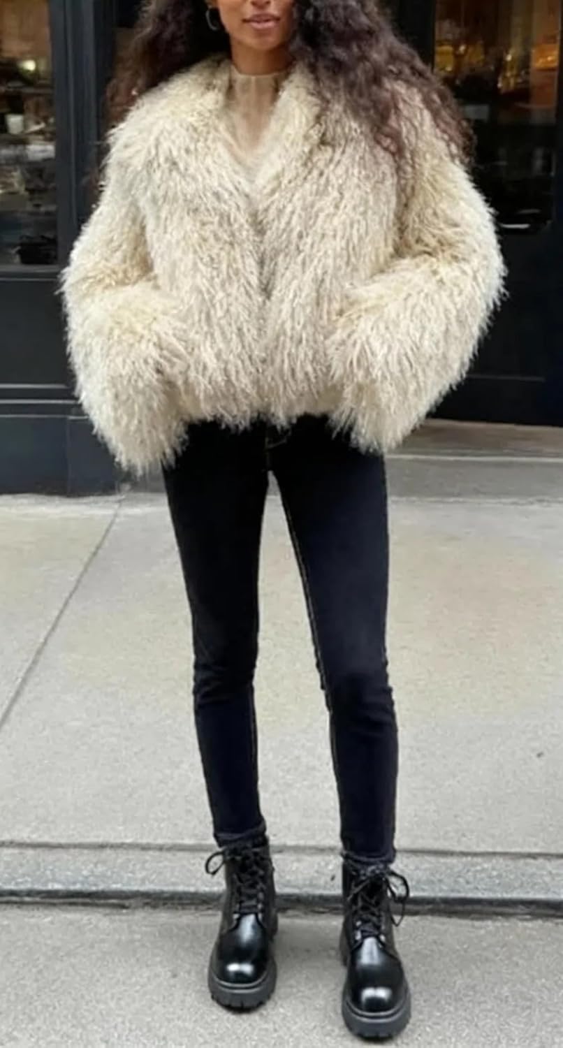 Women's Fluffy Faux Fur Cropped Jackets Coats Outwear,Shaggy Short Parka Overcoat