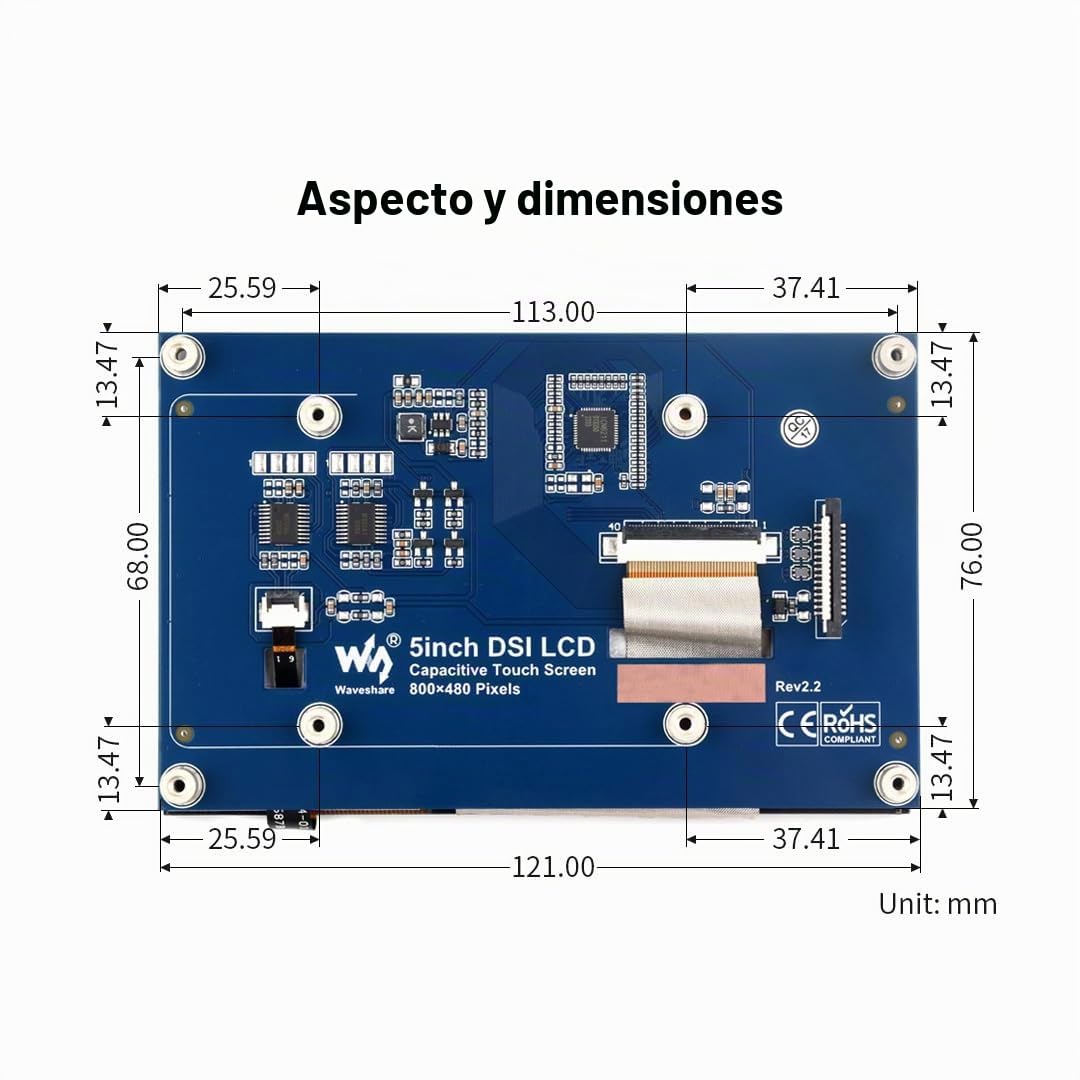 Waveshare 5inch LCD, Capacitive Touch Display, DSI Interface, 800×480 Resolution, Compatible with Raspberry Pi 4B/3B+/3A+/3B/2B/B+/A+/CM3/3+/4