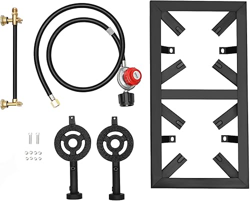 Miniatura 8 de Estufa de gas portátil de doble quemador para exteriores, cocina de propano, 2 quemadores cada uno máximo de 8000 W 0-10 PSI, regulador ajustable de