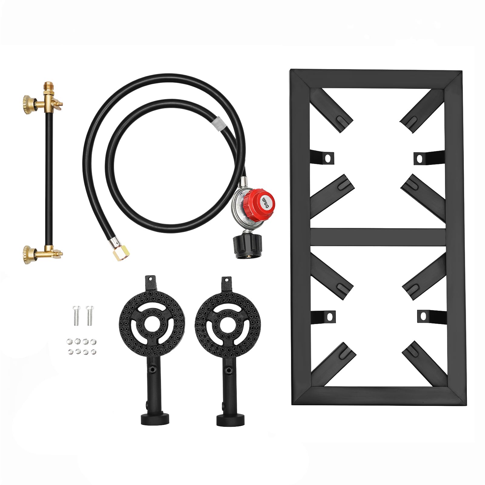 2 Burners Outdoor Propane Burner Gas Stove, 6800W-8000W Outdoor Camp Stove Portable Gas Cooker, Built-in Adjustable 0-10Psi Regulator Hose for Patio Camping BBQ Home Brewing