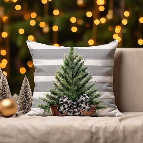 Miniatura 4 de Juego de 4 fundas de almohada de Navidad de 18 x 18 pulgadas, diseño de Papá Noel a rayas grises, bufanda de árbol, muñeco de nieve, pájaro, ciervo,