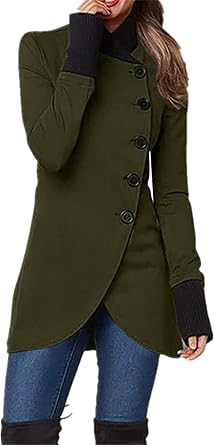 Ladies Open Front Lightweight Button Coats High Neck Fashion Jacket Stylish Casual Pea Coat