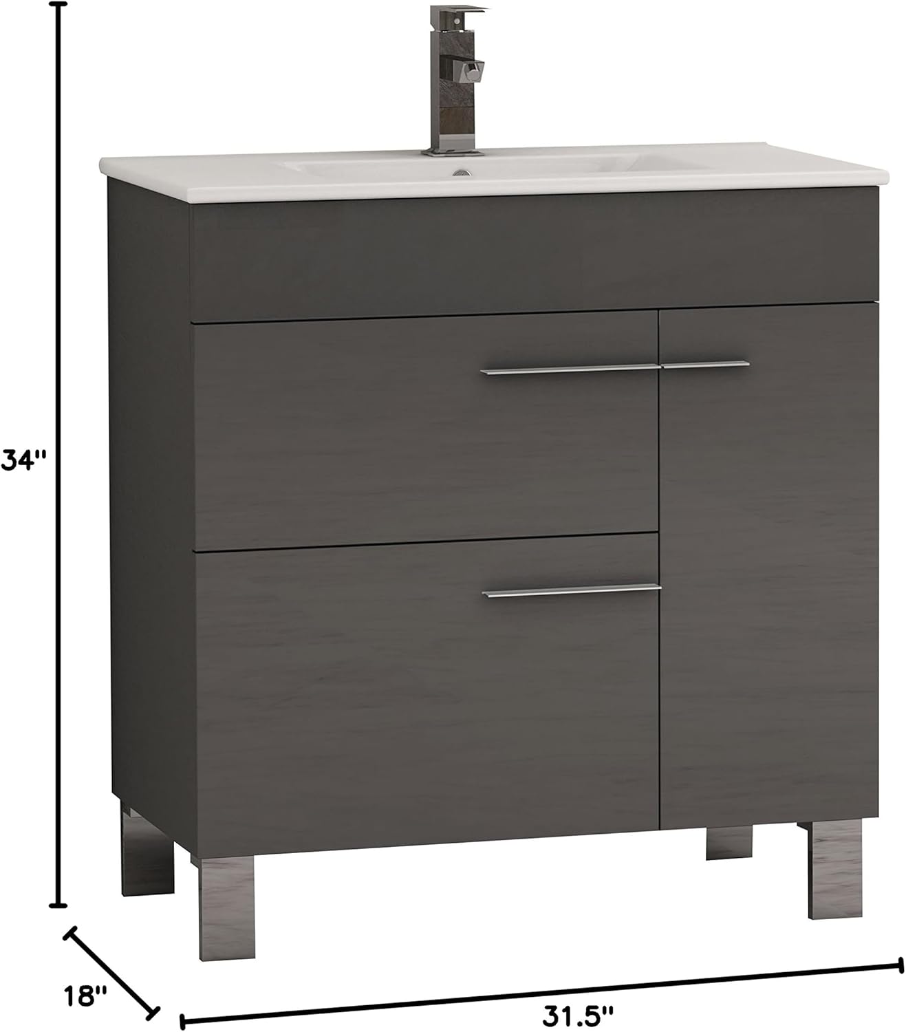 Eviva EVVN521-32GR Cup Grey Modern Bathroom Vanity with White Integrated Porcelain Sink Combination, 31.5", Gray