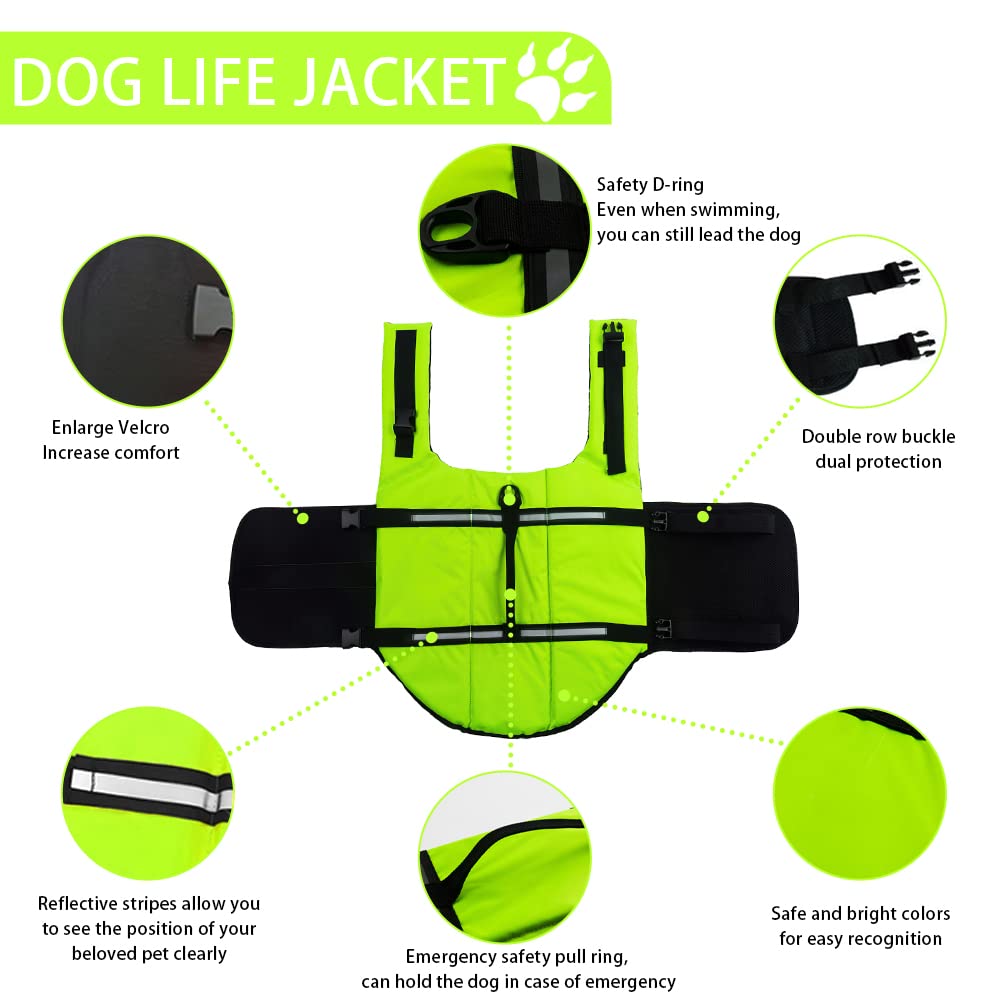 Gilet de Sauvetage Chien, FainFun Gilets de Sauvetage pour Chiens avec Bandes Réfléchissantes/Ceinture Réglable (Vert, XL)