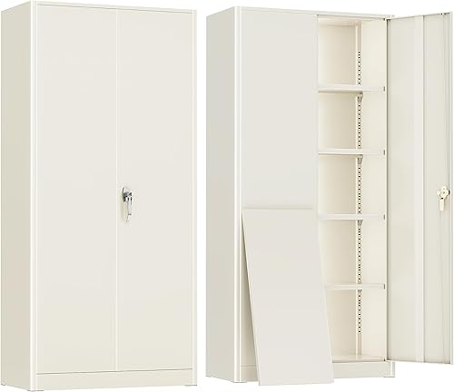 Miniatura 15 de Greenvelly Armario de almacenamiento de metal con cerradura, armario de almacenamiento de 72 pulgadas de alto con 2 puertas y 4 estantes ajustables