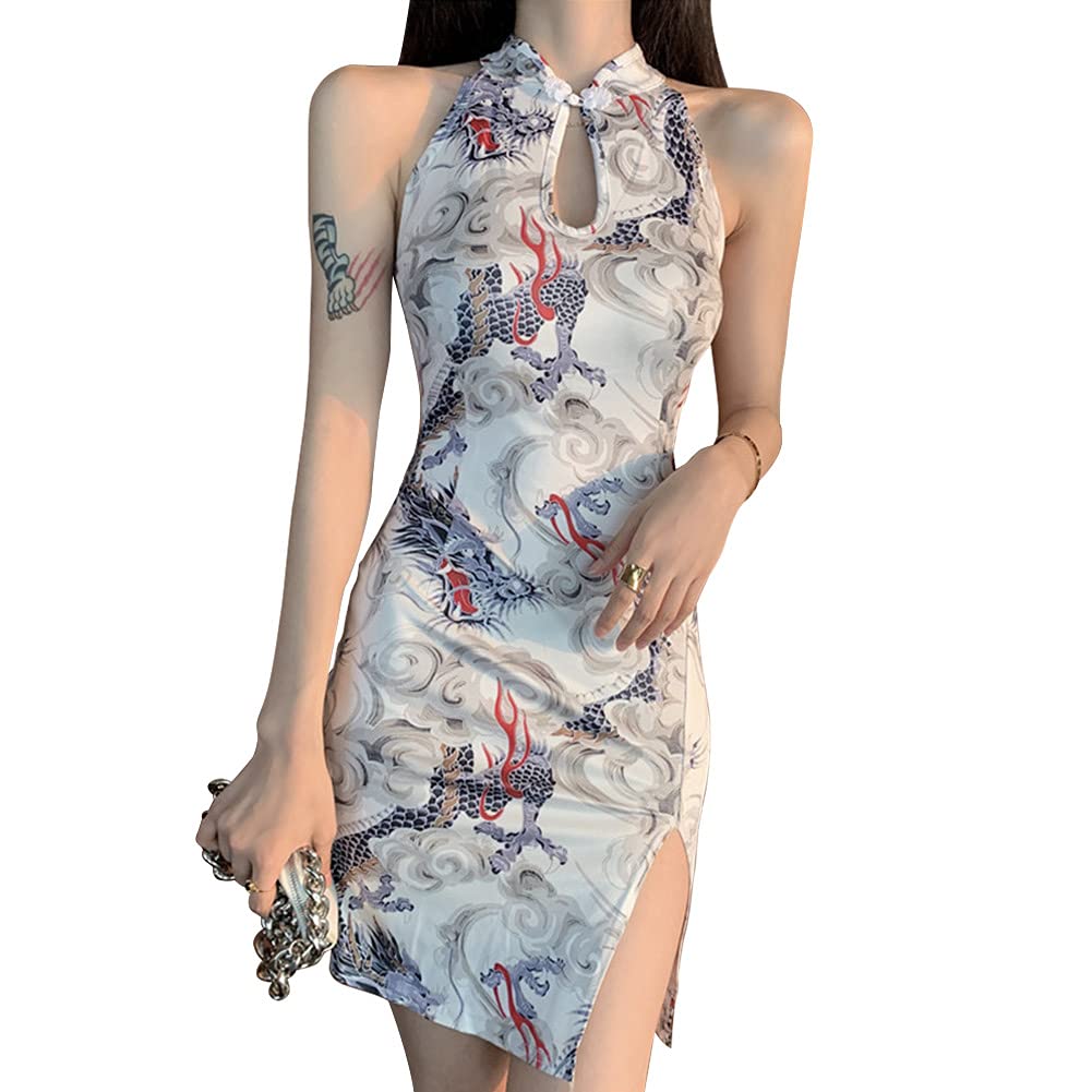 HFU Women's Cheongsam Costume Short Sleeve Side Slit Floral Print Mandarin Collar Evening Bodycon Cocktail Dress