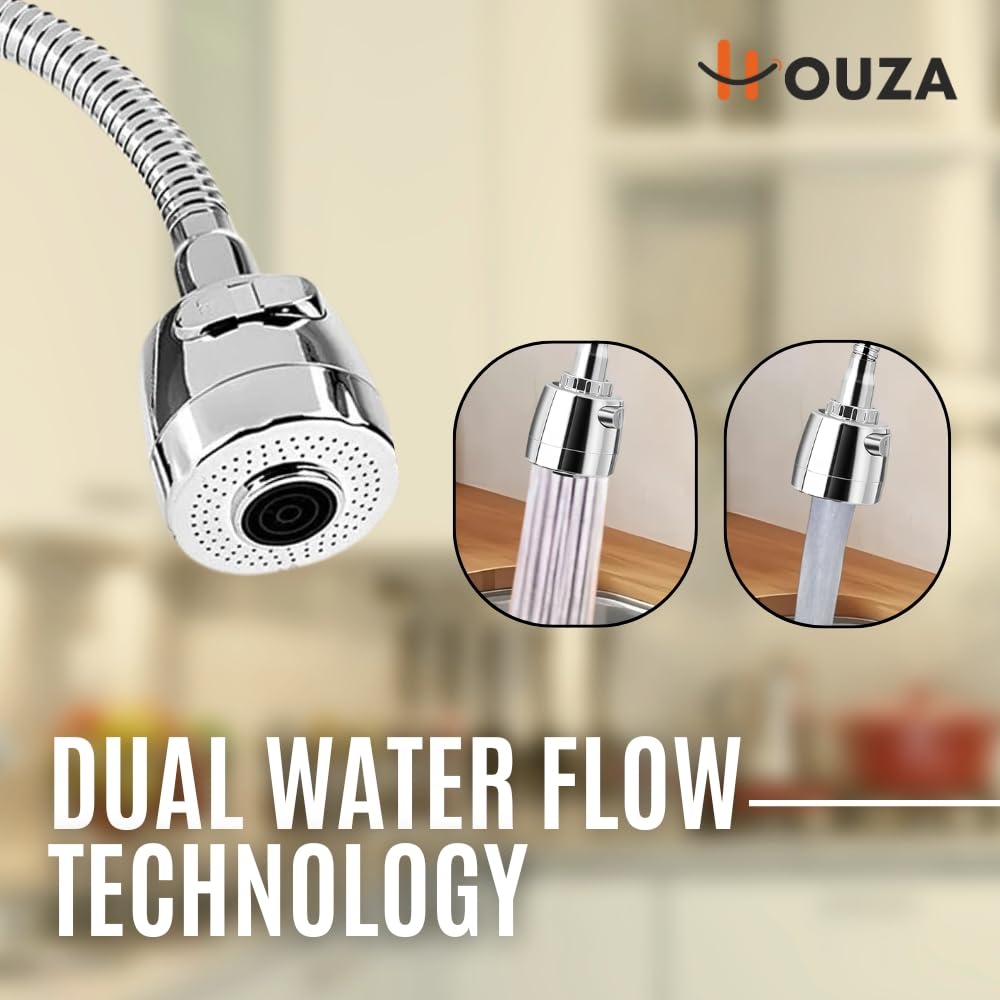 HOUZA Brass Kitchen Sink Tap Faucet with Pull Down Sprayer| Kitchen Tap with 360 Degree Flexible Swivel Spout | Water Saving Aerated Dual Flow Kitchen Faucet for Sink (Chrome Finish, Silver) 4