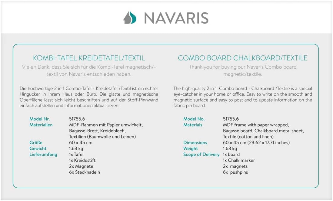 Navaris Combination Chalk and Pin Board - 45 x 60 cm Magnetic Chalkboard Fabric Combo Notice Board for Wall - Includes Chalk Pen, Push Pins, Magnets