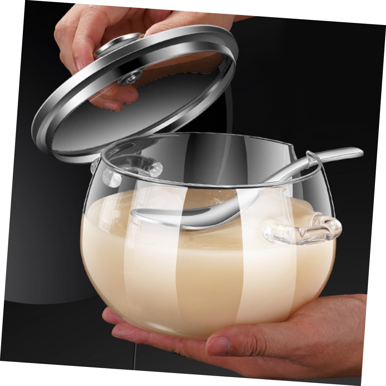 Veemoon Recipiente con Tapa y Cuchara de 1200ml para Almacenar Alimentos de Vidrio y Acero Inoxidable Resistente al Calor y Portátil para Cocina y Despensa