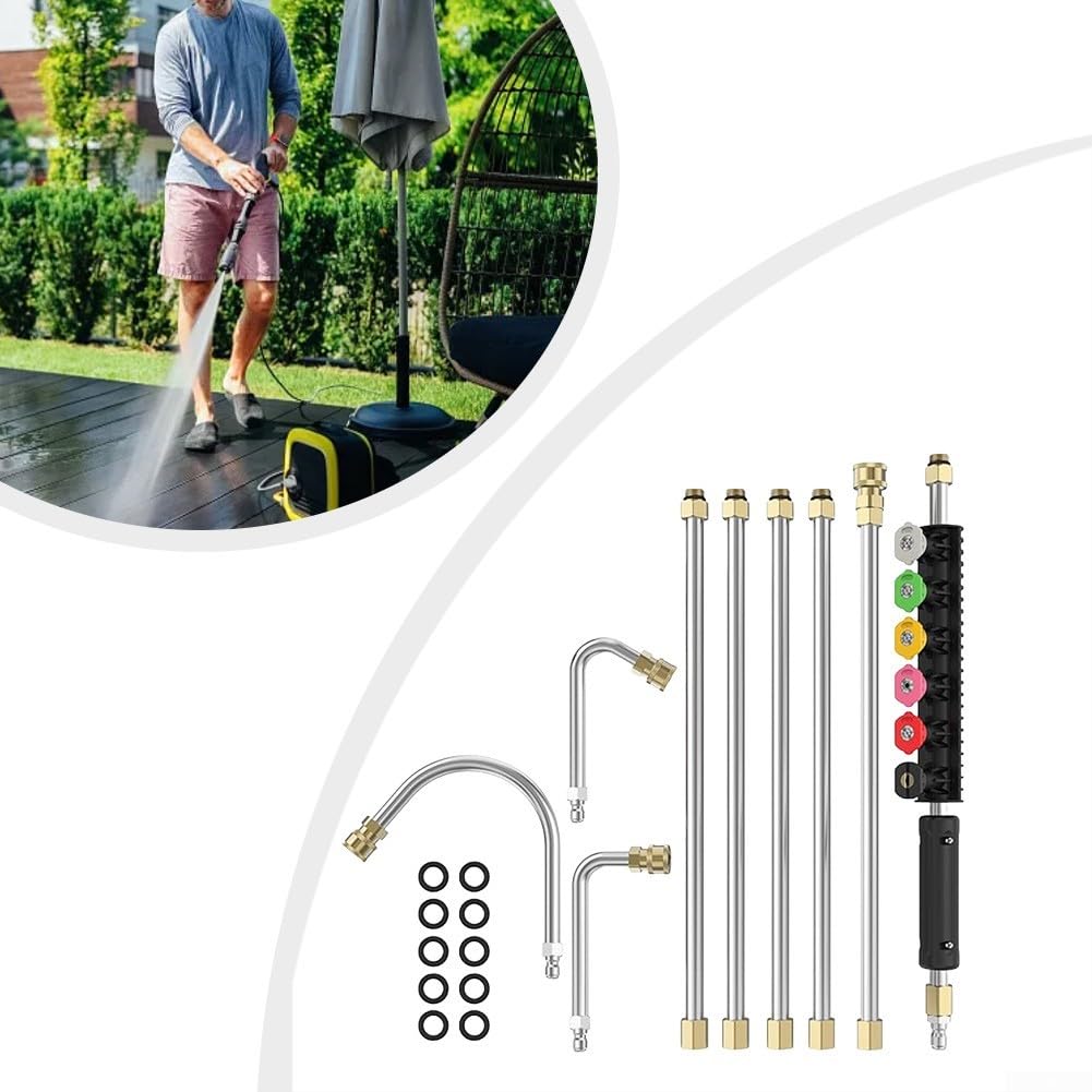 Zoegneer Varita de extensión de acero inoxidable de 9 pies con accesorios de latón, 6 boquillas de pulverización para limpieza de tejados de canalones y patios para 14 sistemas de lavado a presión