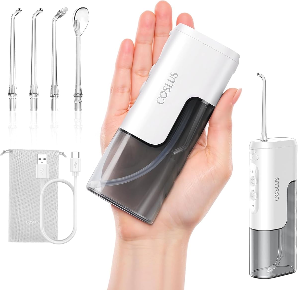 COSLUS Mini Jet Dentaire Hydropulseur Portable: Design Compact et Sans Fil, 4 Modes IPX7, Idéal pour Appareil Dentaire, Orthodontie et Dents Sensitives, Usage Nomade, Gris Blanc, T40
