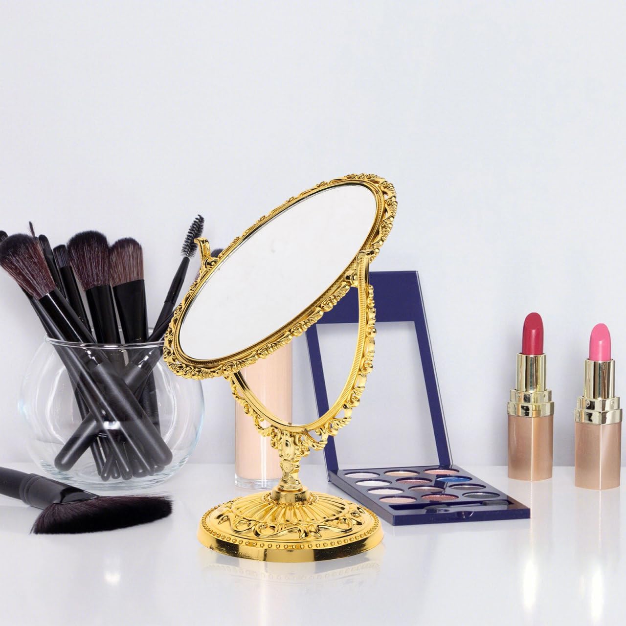 MAGICLULU Small Vintage Makeup Mirror Double Side Desk Mirror with Embossed Pedestal Plastic Rotatable 7.86 x 4.91 x 3.54Inch Gold Oval