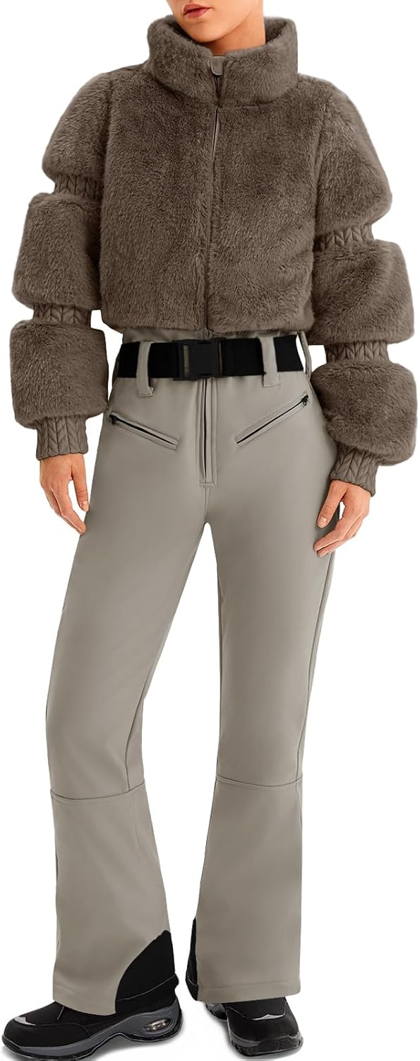 Yousify Womens Snow Suits One Piece Ski Suit Faux Fur Collar Jumpsuit Windproof Winter Warm Ski Outfits for Snowboarding
