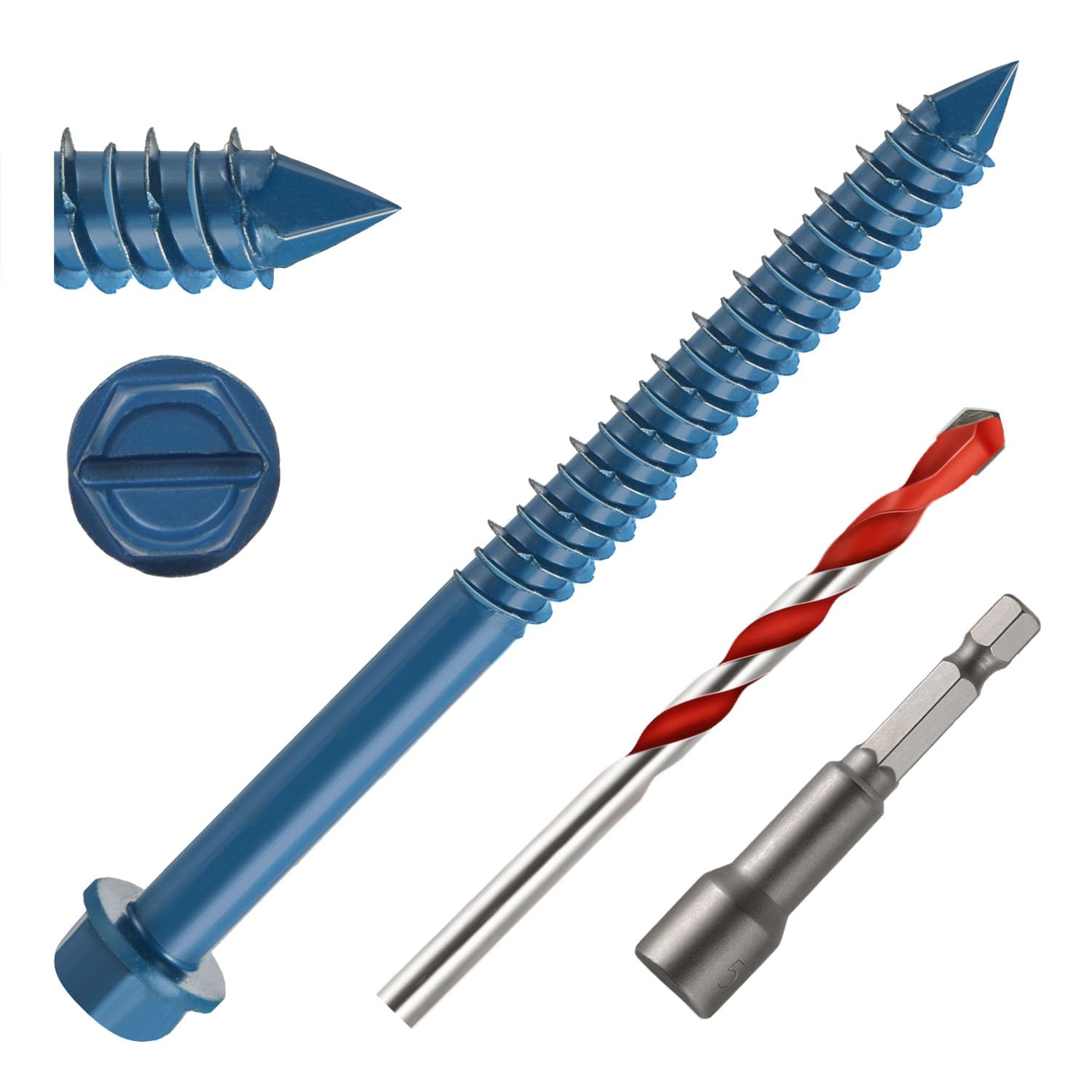 1/4" x 3-1/2" Concrete Screws, 50 PCS Blue Hex Washer Head Concrete Screws Anchor Kit with Drill Bit and Hex Bit Socket, for Masonry, Cement, Block,