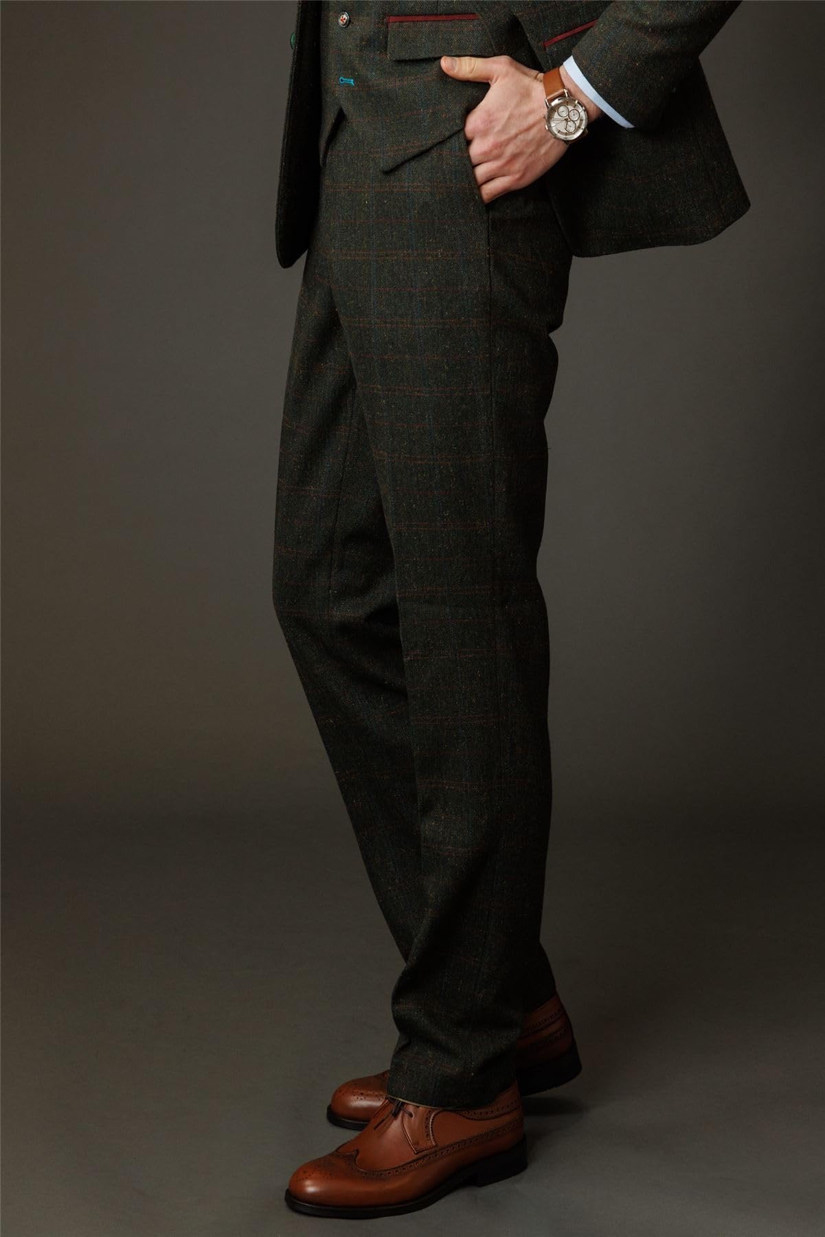 TruClothing Pantaloni da uomo in misto lana verde oliva a spina di pesce pantaloni formali in tweed