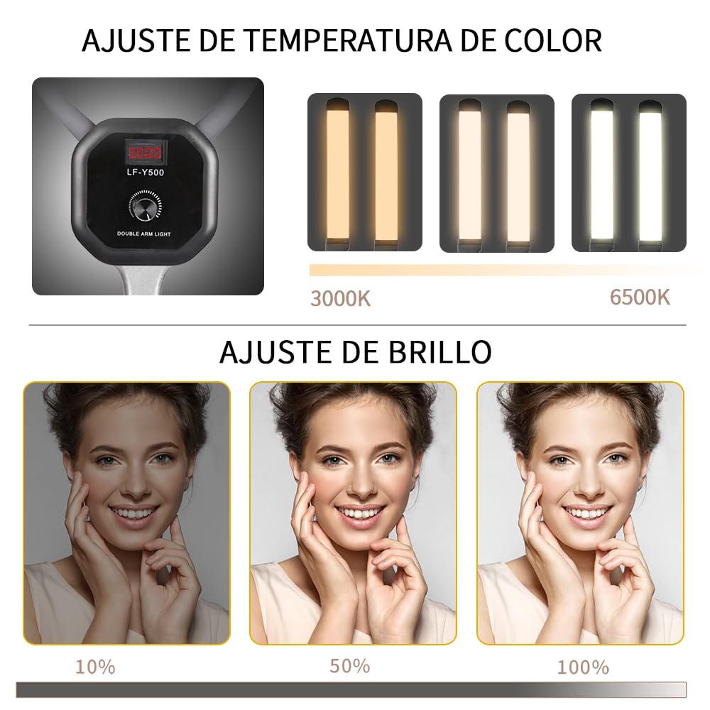Luz LED 50W Doble Brazo con Trípode, Ajustable Brillo y Temperatura de Color para Maquillaje, Relleno de Luz, Extensiones de Pestañas, Tatuajes, Estética Facial, Fotografía/Video de Estudio