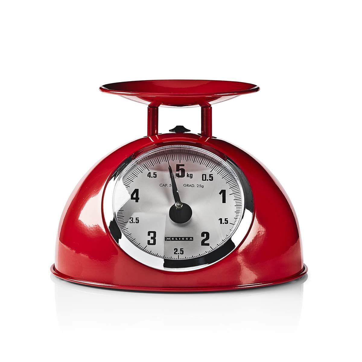 Melissa Mechanische Küchenwaage, Analog mit Edelstahlschüssel, Küchenwaage Digital, Waage Küche, Küchenwage, Küchenwaagen 5kg Kapazität, 25g Skalierung, Rot, Abnehmbare Schale, Metallgehäuse