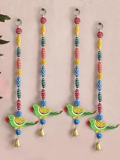 TIED RIBBONS Pack of 4 Wall Hangings for Diwali Decor Toran Parrot Latkans with Bells Wedding Stage Backdrop Festive (Length 45 cm Each) - Diwali Decoration Item for Home Decor