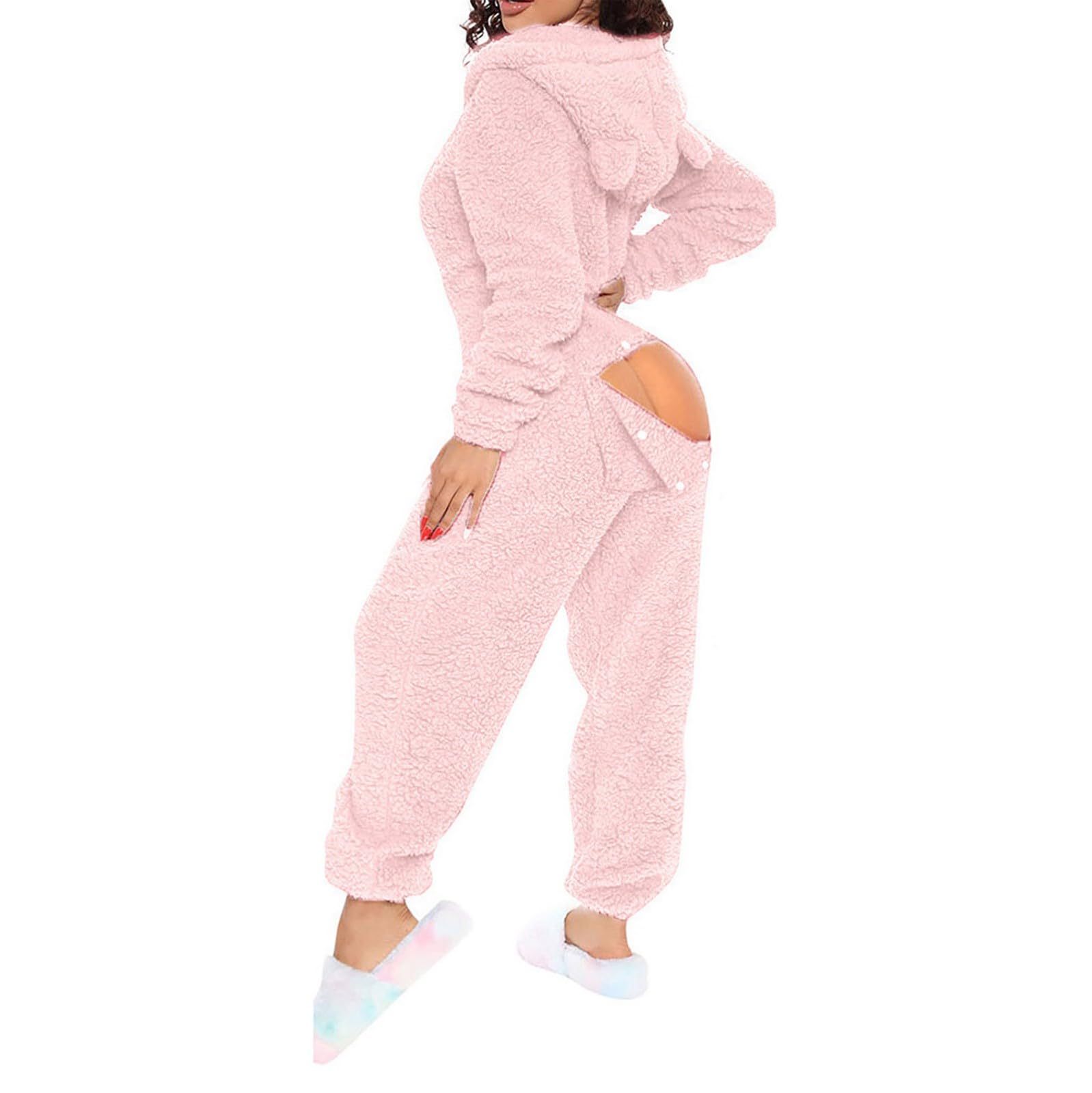 Mono para mujer acogedor con solapa en el trasero - Mono con orejas abiertas, traje de baño sexy de forro polar, pijama de una pieza, pijama de peluche, mono de peluche, traje festivo para el tiempo