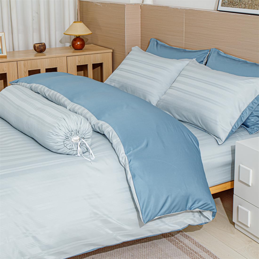 Funda de edredón de satén 200x200 Azul Rayado Brillante Deluxe Juego de cama de satén suave sedoso de seda Ropa de cama para 2 personas Adulto con cierre de cremallera con fundas de almohada